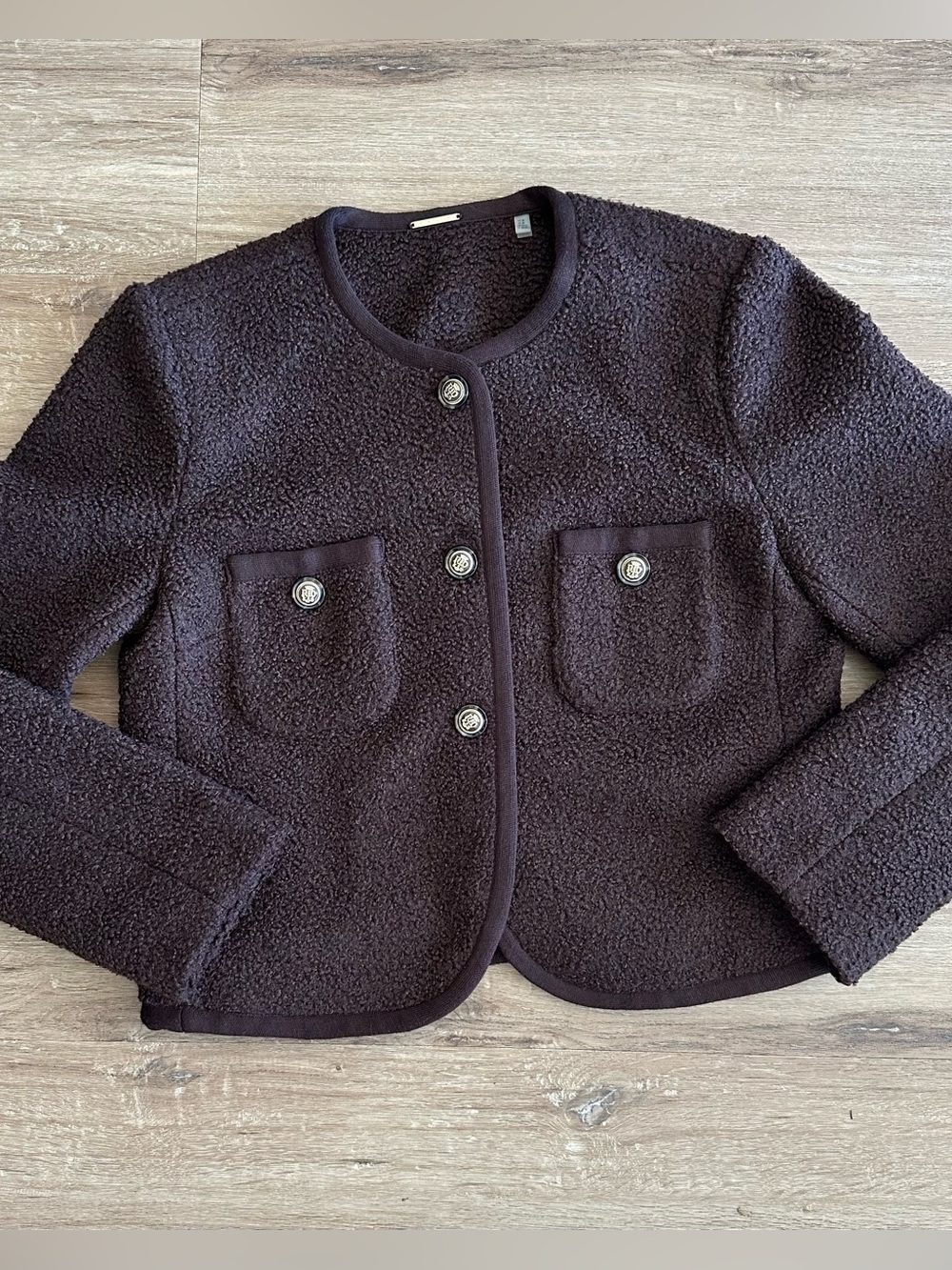 ELIE TAHARI | NWOT | DARK BROWN BOUCLE BLAZER JACKET GOLD BUTTONS CROPPED SZ M